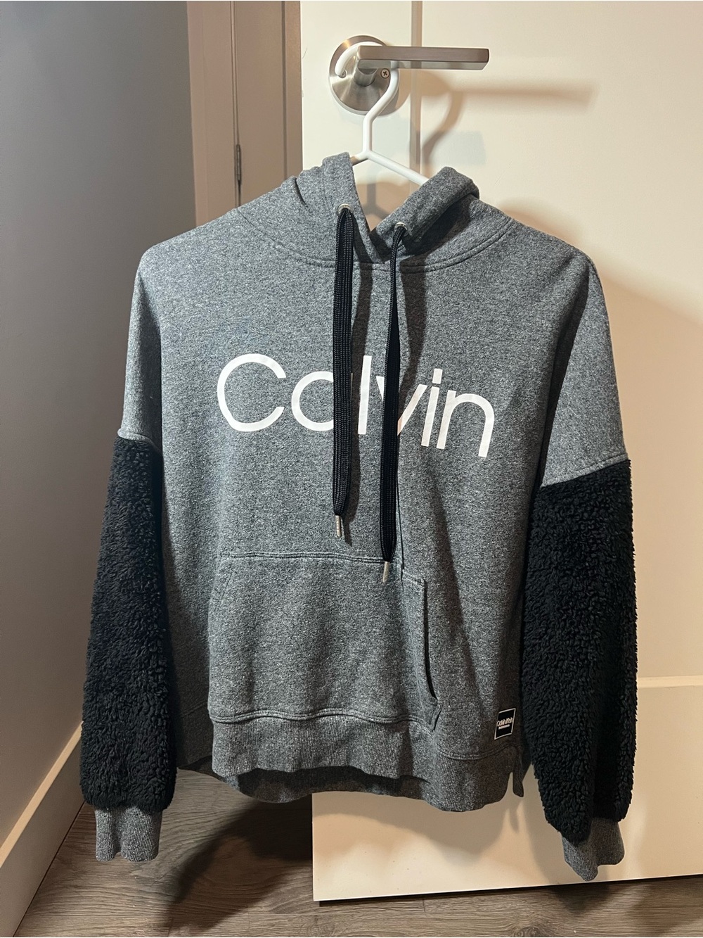 Calvin Klein Gray Hoodie Black Sherpa Fleece Sleeves Logo